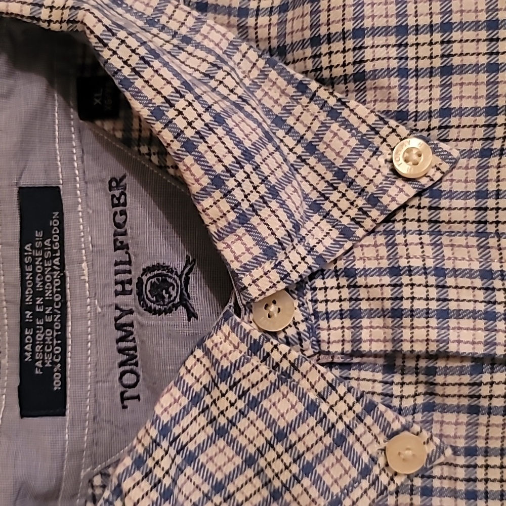 Men's XL Tommy Hilfiger SS Button Up Shirt Blue/Brown